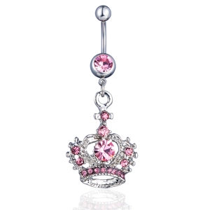 Silver crown belly button ring with sparkling pink gemstones and a curved barbell