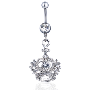Silver crown belly button ring with sparkling rhinestones and a reflective finish