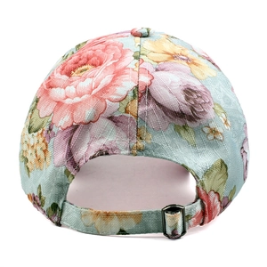 Rear view of floral print sun hat for women with breathable fabric and adjustable strap