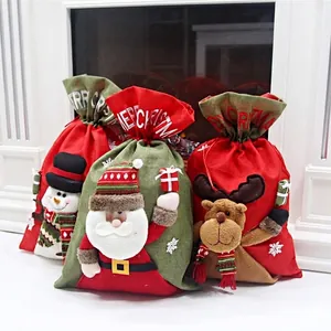 Three-piece Christmas linen gift bag set with 3D Santa Snowman and Reindeer dolls