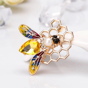 Exquisite bee and honeycomb brooch with yellow crystal pear and colorful enamel wings