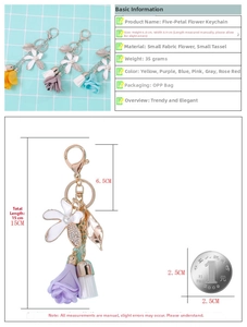 Detailed dimensions of the floral rhinestone tassel keychain shown with a size reference