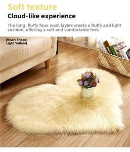 Detailed close-up of a heart-shaped fluffy yellow rug on a modern wooden floor decor