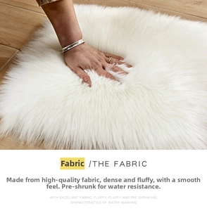 Detail of dense fluffy white faux fur rug showing soft texture and washable fabric