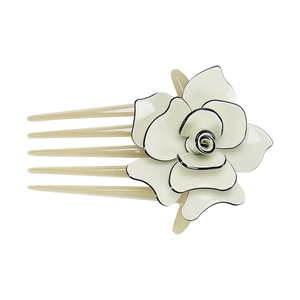 Close-up of cream acrylic rose hair comb with elegant black edges and five smooth teeth