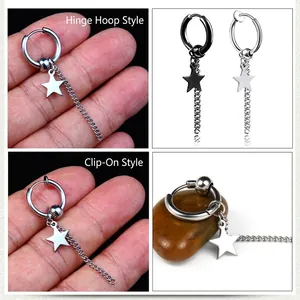 Pendientes de estrella con cadena en acero inoxidable plata y negro, de botón y clip