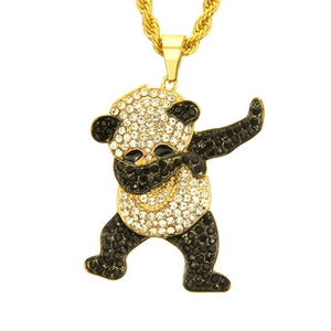 Close-up of a hip-hop gold necklace with a dabbing panda pendant encrusted in rhinestones.