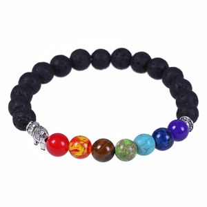 Natural Stone Chakra Bracelet Lava Rock Matte Beads Elephant Pendant Healing Energy Yoga Meditation Jewelry