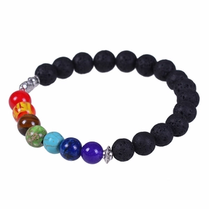 8mm natural seven chakra energy bracelet with lava stones and metal elephant charm