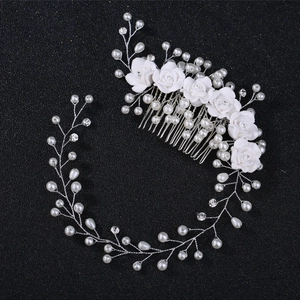 Handmade bridal hair comb and vine set with white fabric flowers and pearls