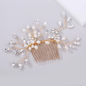 Handmade bridal hair comb with elegant pearls and crystal rhinestones in gold finish
