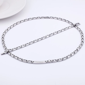 Polished silver titanium steel chain necklace and bracelet set with rectangle metal tag