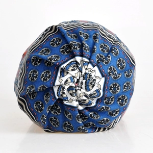 Ethnic style blue winter headwear with floral print and warm fleece lining for women