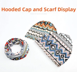 Detailed flat lay of ethnic geometric pattern beanie and matching neck gaiter set