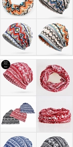 Close-up of red bohemian knit beanie and neck gaiter showing geometric ethnic pattern