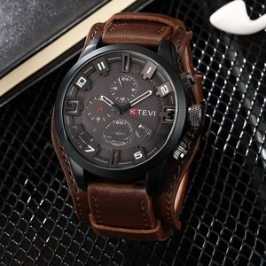 Close-up of K TEVI men's industrial quartz watch with brown wide leather strap and large dial