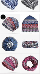Detail view of ethnic floral pattern on bohemian style red neck warmer and turban cap