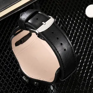 Men's oversized military sport watch with black leather strap and silver steel buckle