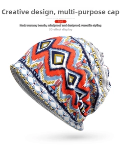 Detailed view of red ethnic pattern neck gaiter and multifunctional windproof headwear
