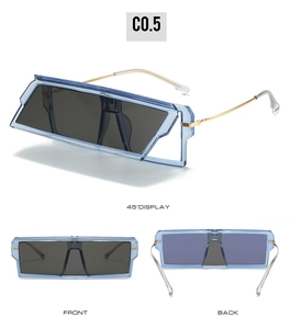Three views of blue rectangular sunglasses with gold temples and dark lenses