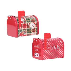 Red plaid and polka dot Christmas tin mailbox storage boxes with Santa Mail printing