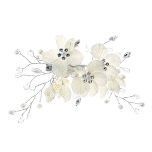 Elegant bridal hair clip with white shell flower petals, pearls and crystals decor