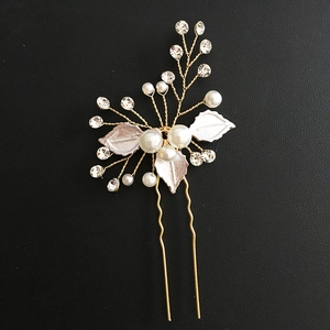Handmade bridal hair pin with white leaves, pearls and rhinestones on gold double prongs