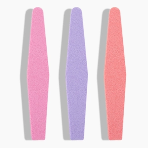 Three professional double-sided foam nail buffers in pink, purple, and coral colors