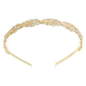 Close-up of gold metal leaf headband with sparkling crystal and pearl details
