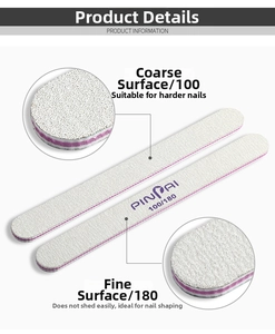 Detail of professional 100/180 grit moon-shaped nail files for shaping and buffing