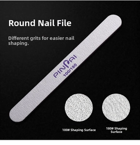 Detail showing 100/180 grit texture on a double-sided grey half-moon nail file