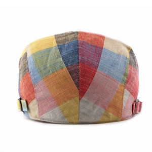 Colorful patchwork flat cap with breathable linen texture and adjustable metal buckles