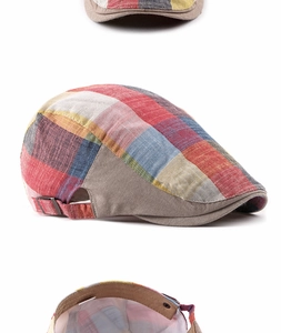 Detailed views of colorful plaid newsboy cap showing metal buckle and woven texture