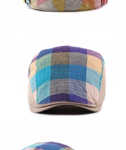 Detailed view of the multi-colored plaid pattern on the breathable cotton-linen flat cap