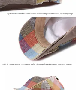 Detail of plaid cap showing adjustable metal buckle and breathable cotton inner lining