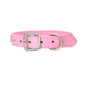Pink rhinestone leather cat and dog collar with shiny metal buckle and D-ring