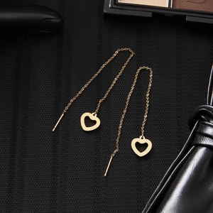 Elegant gold heart long chain threader earrings with polished minimalist finish for women