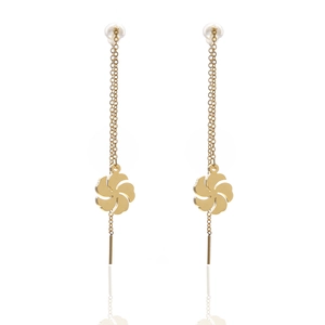 Elegant gold drop earrings with windmill flower pendant and long tassels on white background