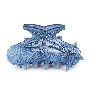 Blue acrylic starfish hair claw clip with rhinestones and textured mesh finish for women