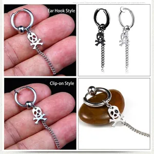 Punk style skull pendant earrings with long chain tassels in silver and black finishes