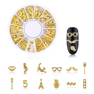 Golden nail art charms set with various shapes in a round storage box XY-08