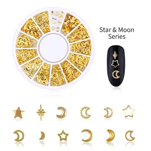 Star and moon nail art studs set in gold finish with round white storage case