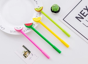 Creative fruit-themed gel pens featuring watermelon kiwi lemon and orange slice toppers