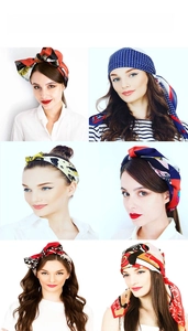Six different ways to wear a patterned silk scarf as a headband and neck scarf