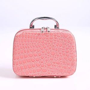 Detail view of the pink crocodile pattern vanity case with polished silver metal handle