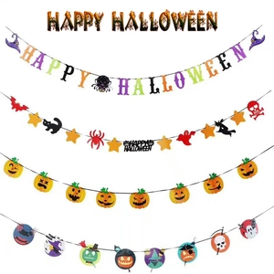 Halloween party banner set with pumpkins, ghosts and Happy Halloween letter decorations