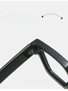 Close-up of durable metal hinge on thick black square frame glasses showing craftsmanship