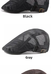 Detailed view of breathable mesh texture and bronze buckle on black and gray beret caps