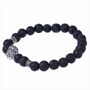 Black lava stone beads energy bracelet with 8mm volcanic stones and silver lion head