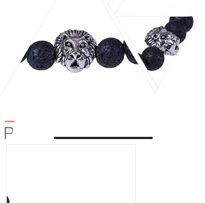 Detailed macro view of 8mm black lava stone beads and a silver lion head charm